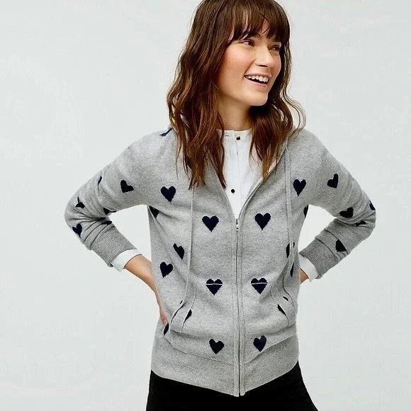 J. CREW Everyday‎ Cashmere Full Zip Heart Hoodie Cardigan Sweater Jacket X-Small - Picture 5 of 14